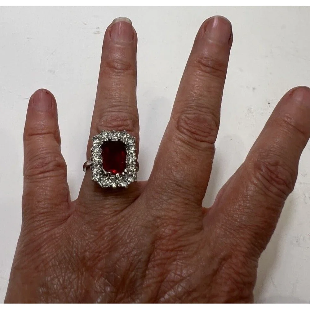 Vintage Style Simulated Ruby Gemstone Cocktail Ring Sz 8 Clear Rhinestone Halo